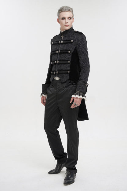 Black Silk Stand Collar Printed Metal Breasted Cross Zipper Back Slit Vintage Men's Gothic Jacket