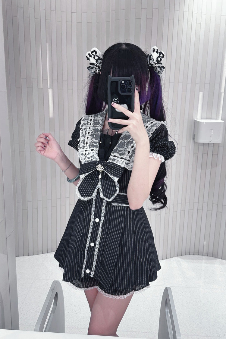 Black [Serenade] Short Sleeves Ruffle Bowknot Lace Sweet Jirai Kei Dress Set