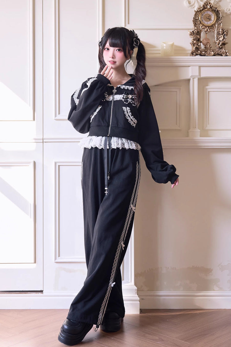 Sweet Long Sleeves Bowknot Lace Hooded Jirai Kei Hoodie Pants Set 3 Colors