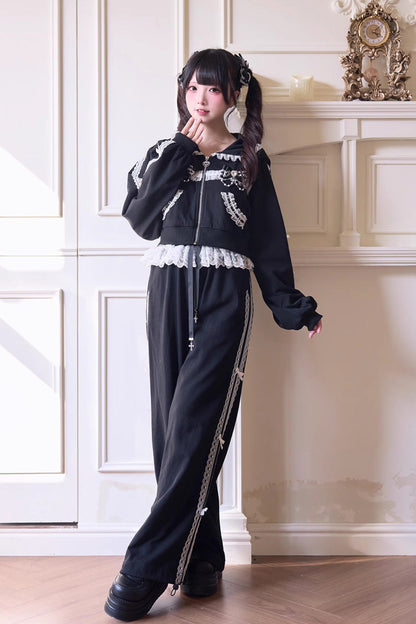 Sweet Long Sleeves Bowknot Lace Hooded Jirai Kei Hoodie Pants Set 3 Colors