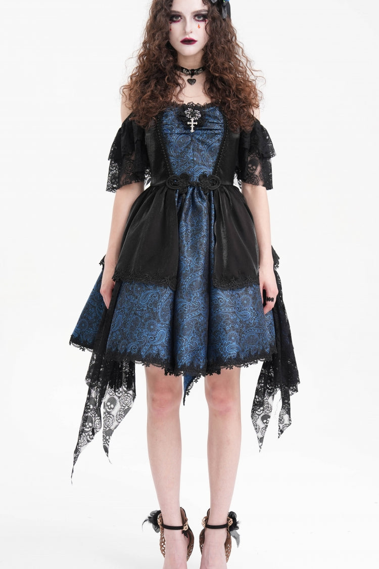 Blue Halterneck Lace Lace-Up Irregular Hem Women's Gothic Dress