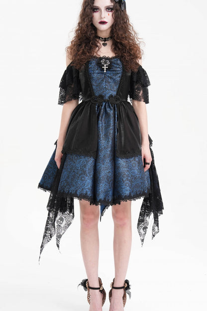 Blue Halterneck Lace Lace-Up Irregular Hem Women's Gothic Dress