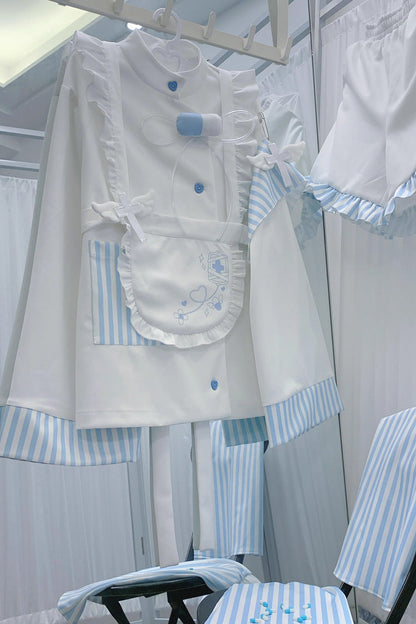White/Blue Medical Angel Long Sleeves Print Loose Sweet Jirai Kei Japanese Set