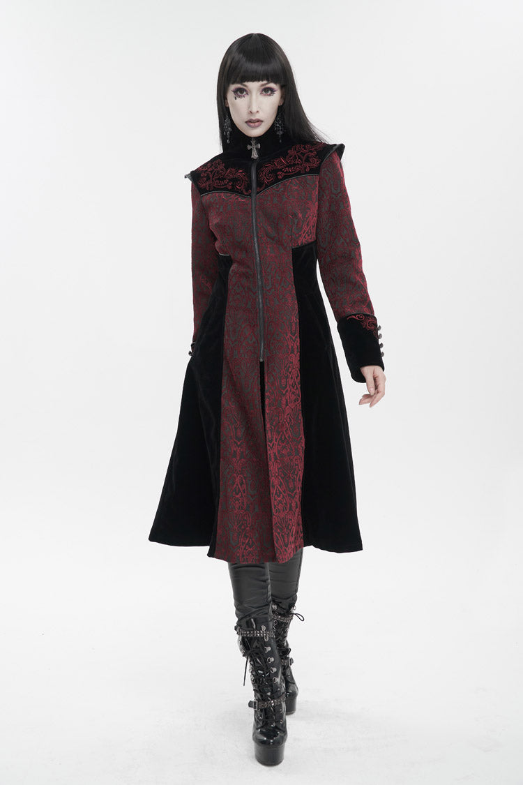 Red Jacquard Studded Mushroom Buckle Metal Cross Embroidered Women's Gothic Coat
