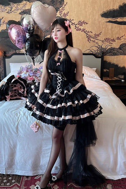 Black [Ballet Dream] Halterneck Triple-Layered Ruffle Bowknot Lace-Up Sweet Princess Lolita Dress