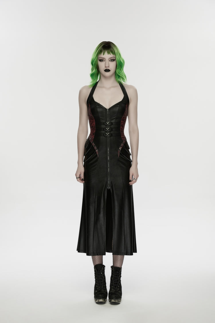 Black/Red Halterneck Sleeveless Lace-Up Slim Buckled Women's Punk Dress