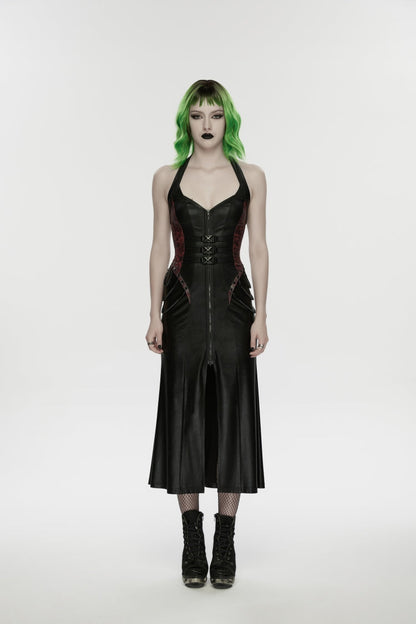 Black/Red Halterneck Sleeveless Lace-Up Slim Buckled Women's Punk Dress