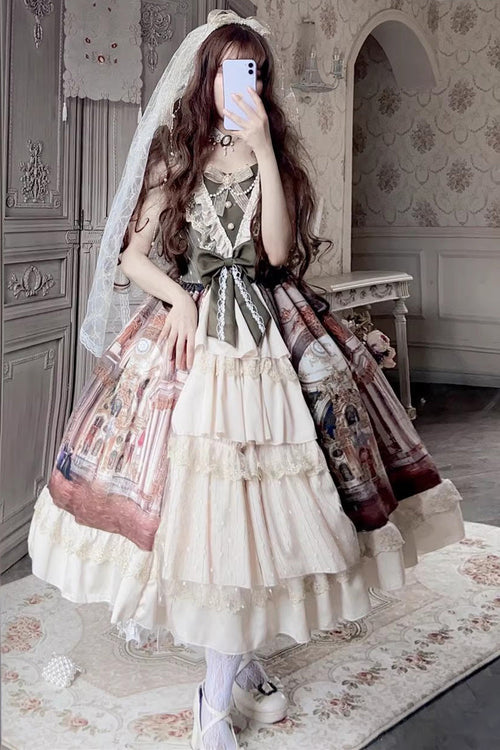 Brown Versailles Palace Oil Painting Print Ruffle Cardigan Bowknot Sweet Elegant Lolita Jsk Dress