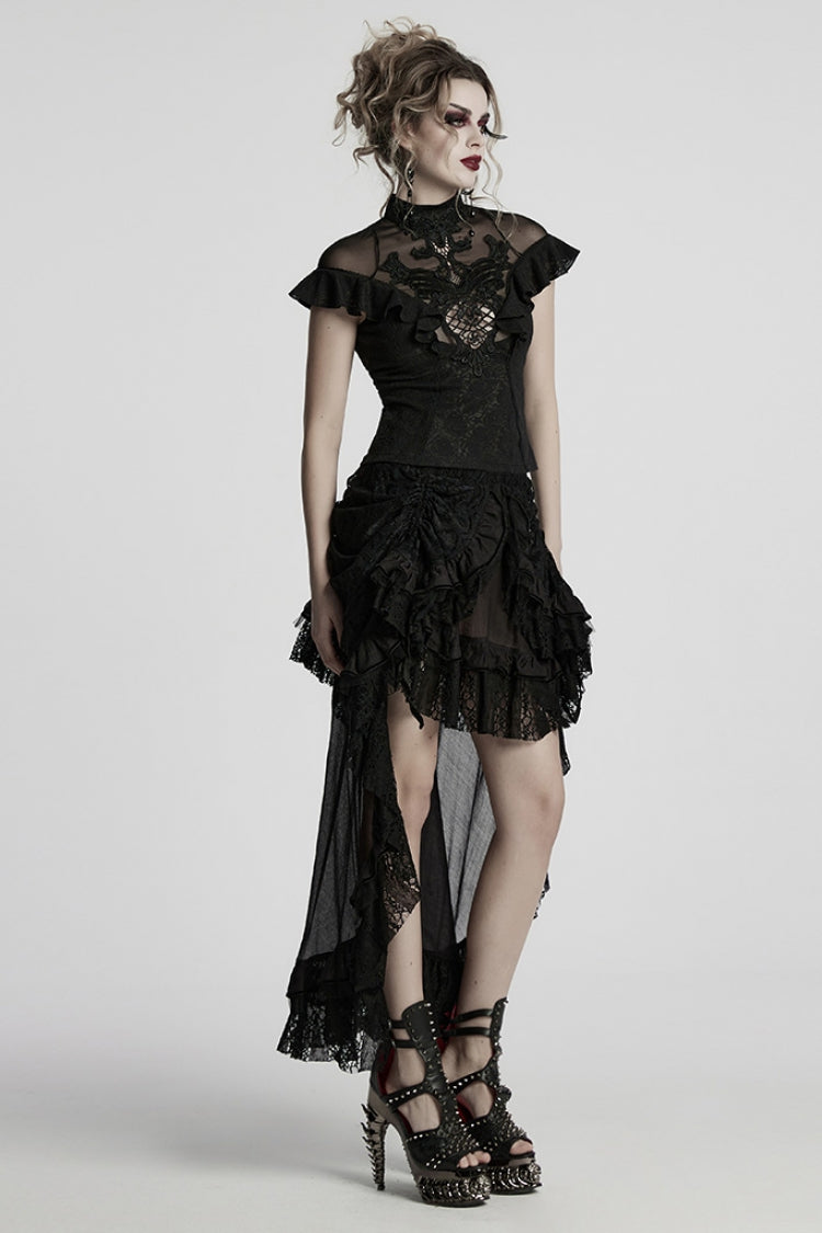 Black Stand Collar Short Sleeves Ruffle Hollow Embroidery Lace Sheer Women's Gothic Blouse