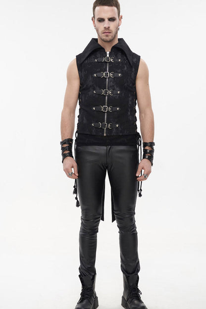 Black Punk Irregular Print D-Shaped Buckle Decoration Waist Side Slits Tied Rope Tight Zipper Men's Dovetail Vest