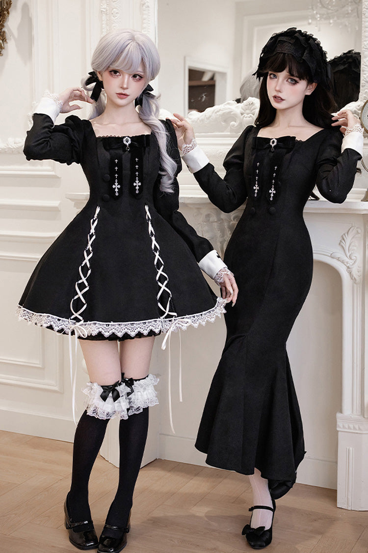 Black/White [Rose Doll] Square Collar Long Sleeves Bowknot Lace-Up Gothic Lolita Dress Set 2 Versions