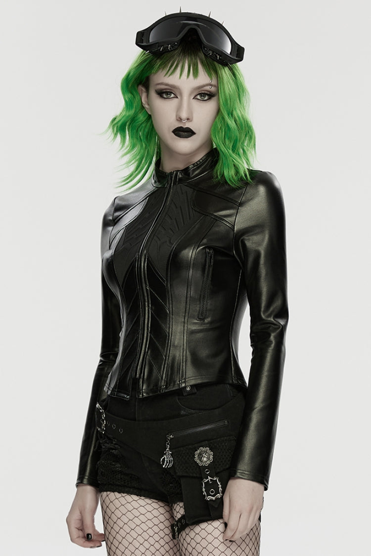 Black Stand Collar Long Sleeves Embossed Slim Women's Punk Jacket