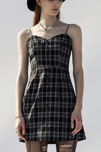 Black/White Plaid Skull Studded Belt Women's Punk Suspender Dress
