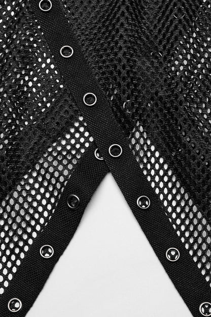 Black Sleeveless Irregular Hooded Mesh Eyelet Men's Punk Vest
