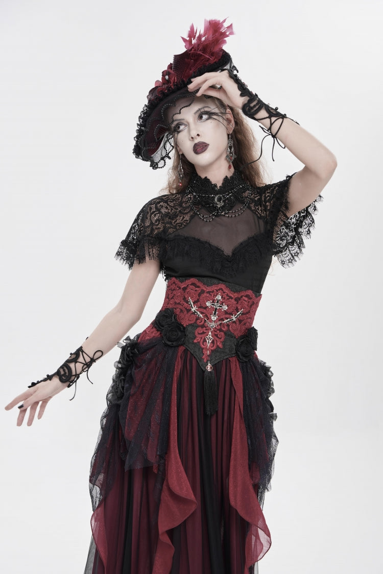 Black/Red Embroidered Lace Women's Gothic Underbust Corset Embroidered Rose Cross Underbust Corset