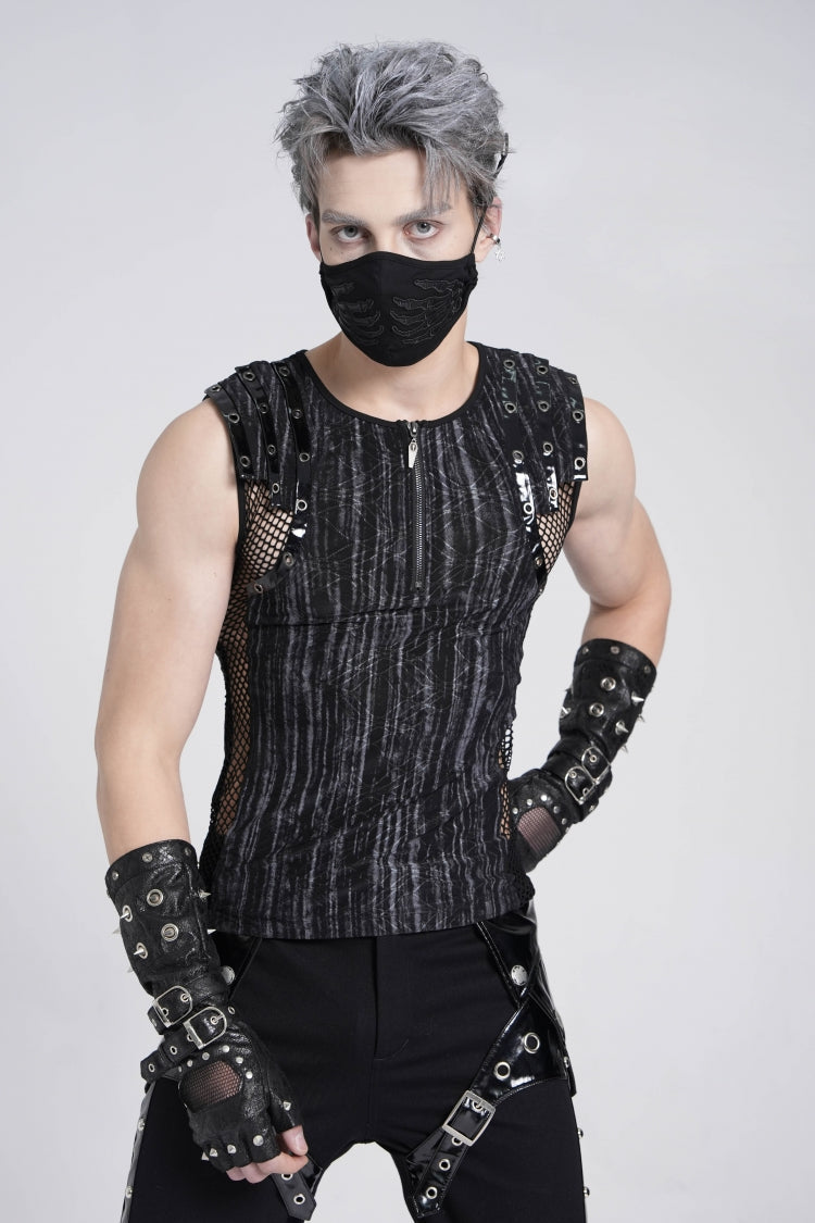 Black Sleeveless Ribbed Print Stitching Mesh Zipper Men's Gothic Vest