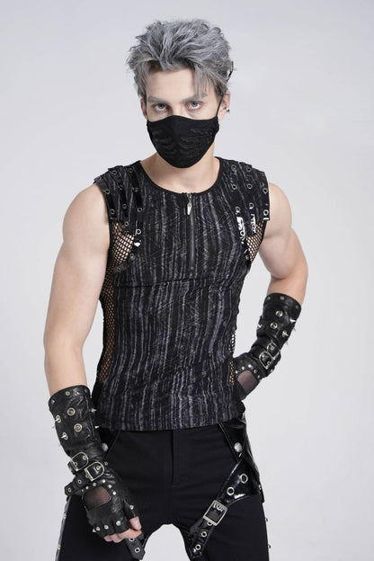 Black Sleeveless Ribbed Print Stitching Mesh Zipper Men's Gothic Vest