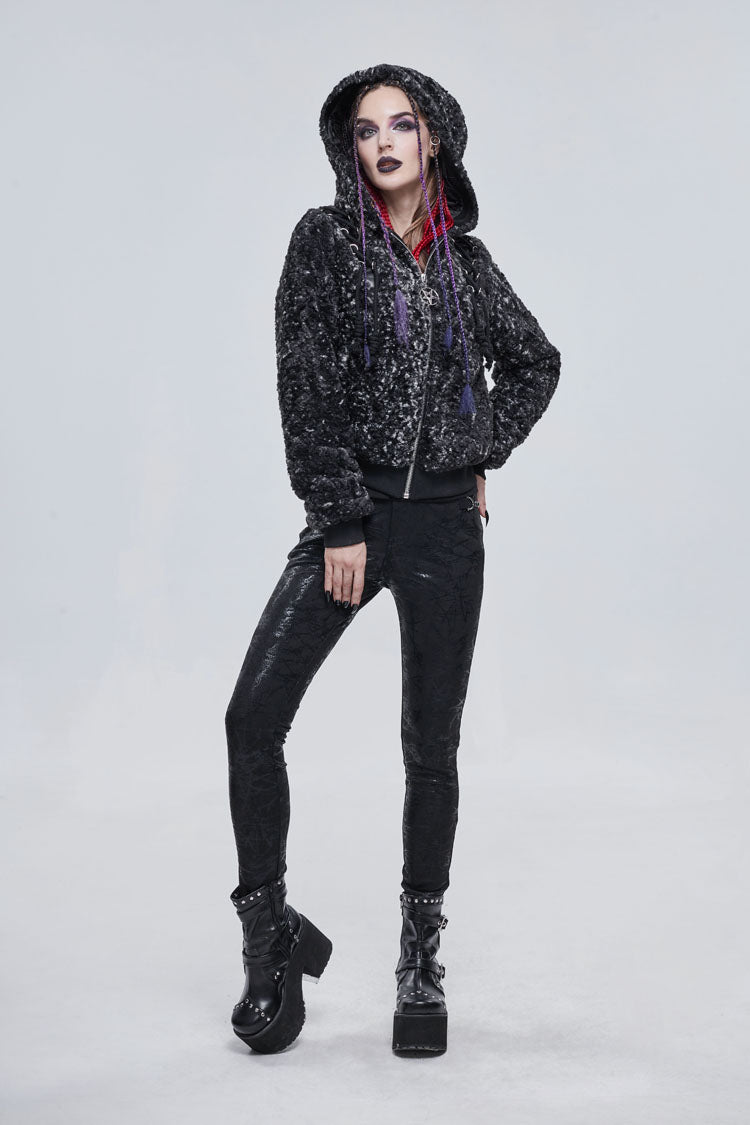 Black/White Two Tone Woolen Grain Fleece Metal Five Pointed Star Zipper Women's Punk Coat