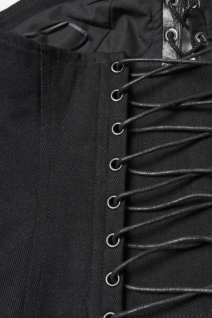 Black Sleeveless Lace-Up Side Zipper Pleated Women's Punk Corset