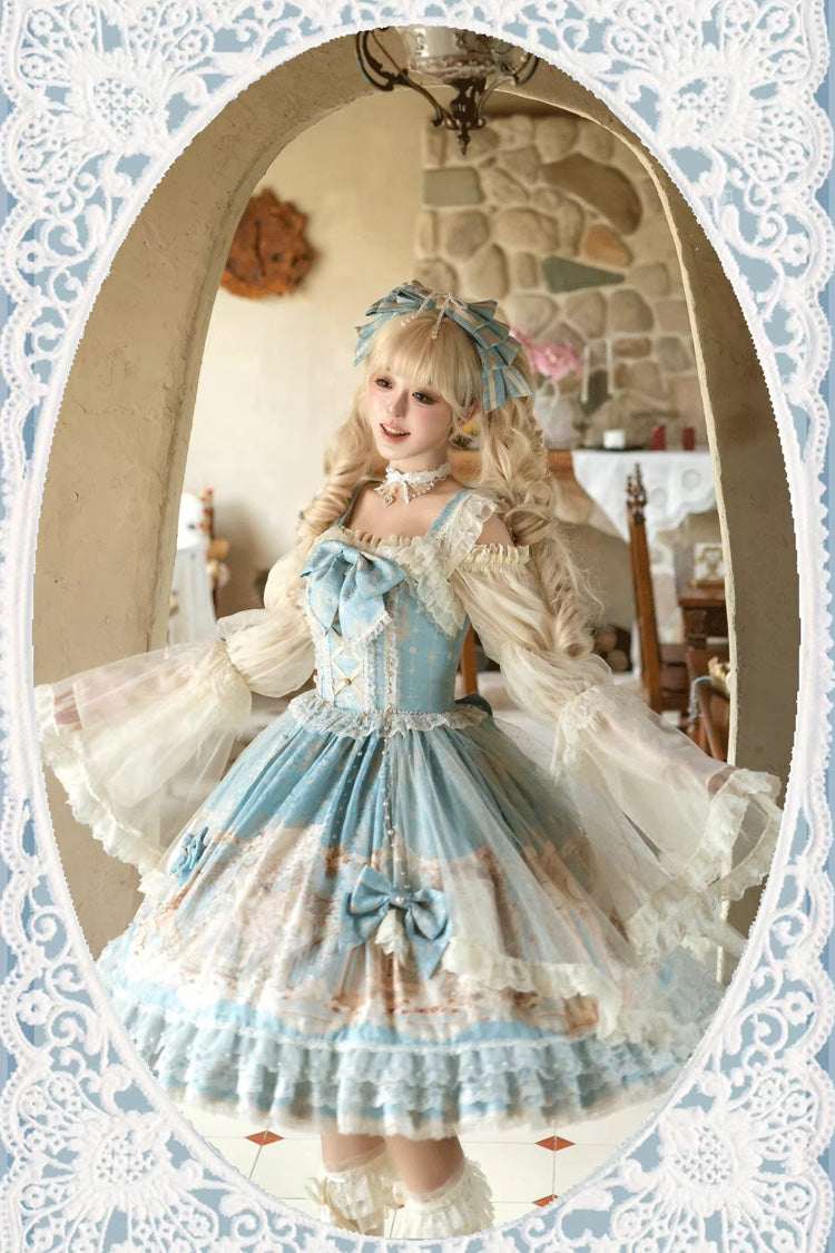 Blue [Unicorn] Print Sleeveless Multi-Layered Embroidery Bowknot Lace Sweet Lolita Jsk Dress