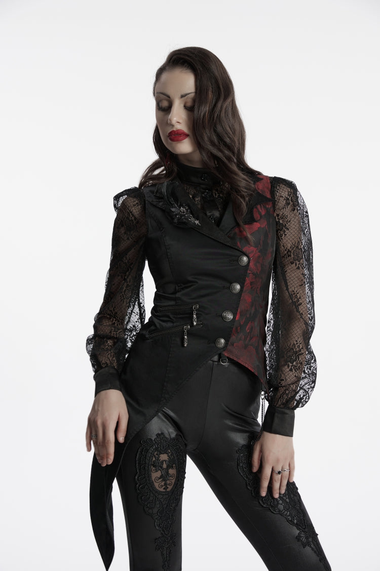 Black V Collar Sleeveless Embroidery Lace Asymmetric Women's Gothic Vest
