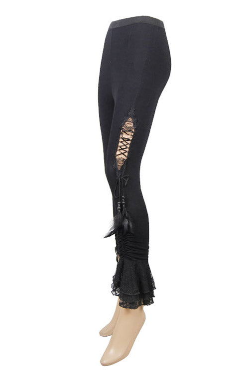Black Side Hollow Out Lace Up Slit Lace Hem Gothic Womens Pants