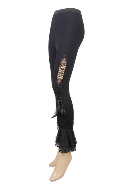 Black Side Hollow Out Lace Up Slit Lace Hem Gothic Womens Pants