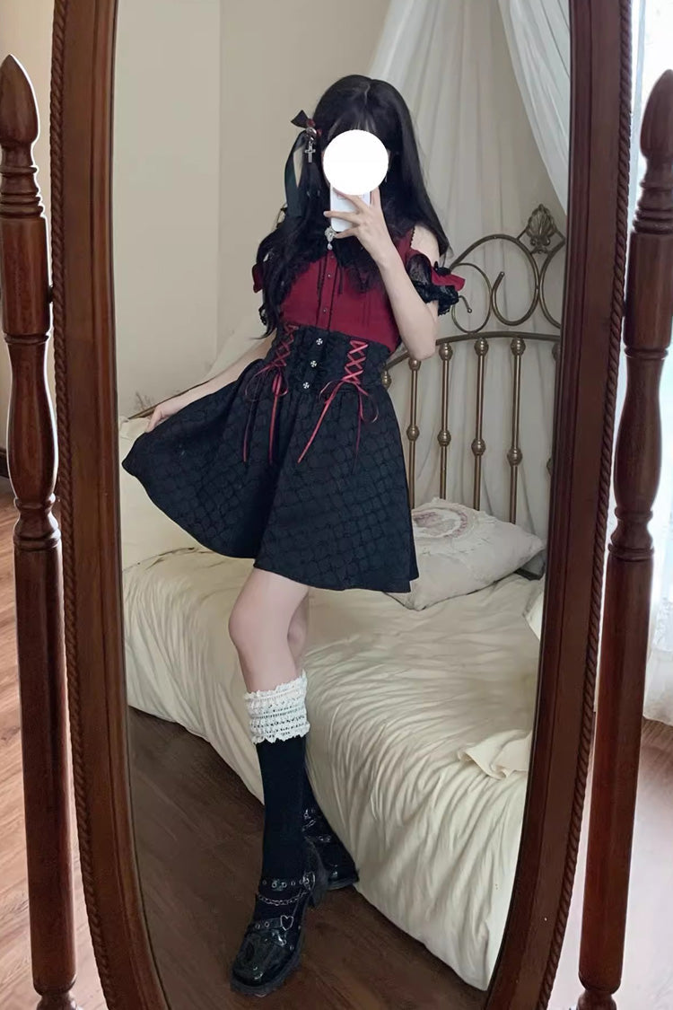 Black/Red [Overture to the Dead] Off Shoulder Short Sleeves Ruffle Bowknot Lace-Up Gothic Jirai Kei Japanese Skirt Set