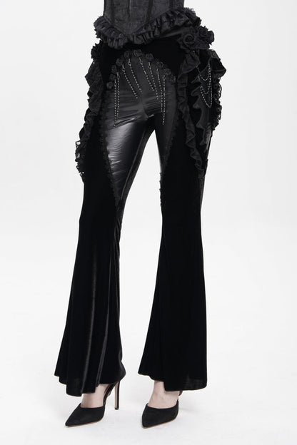 Black Ruffled Spliced Women's Gothic Floral Faux Leather&Velvet Ruffle Pants
