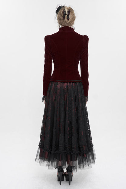 Red Stand Collar Velvet Applique On Chest Pendant Zipper Long Sleeve Women's Gothic Jacket