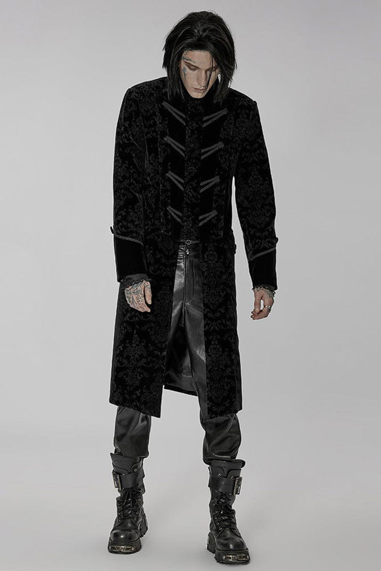Black Punk Weft Velveteen Print Splicing Stand Collar Lacework Decorate Long Men's Coat
