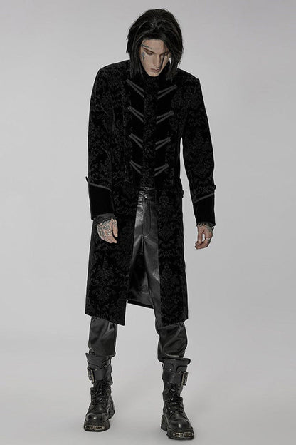 Black Punk Weft Velveteen Print Splicing Stand Collar Lacework Decorate Long Men's Coat