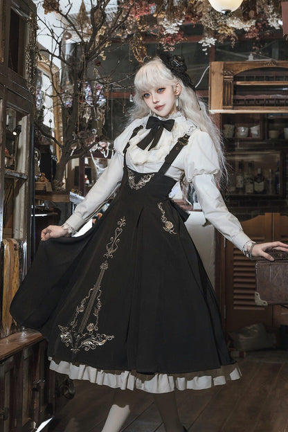 Black/White [Violin Variations] Ruffled Embroidered Gothic Lolita Jumper Dress Set