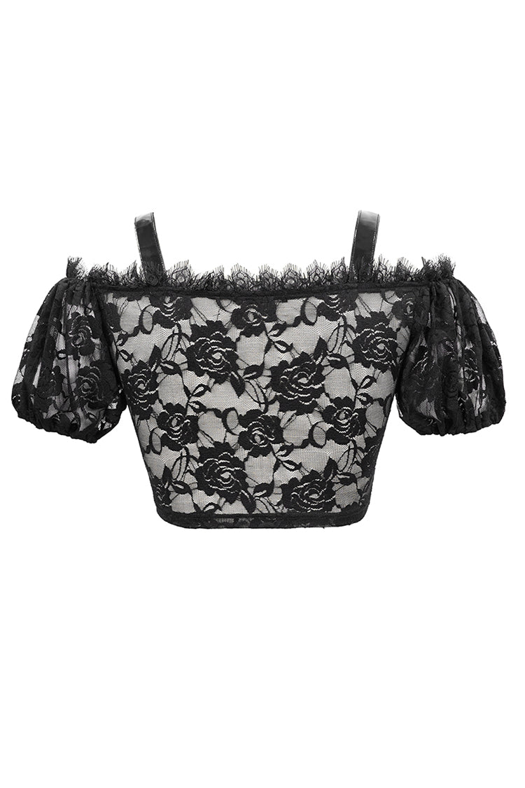 Black/Red Scottish Plaid Off Shoulder Bright Leather Straps Lace Up Lace Women's Punk T-Shirt