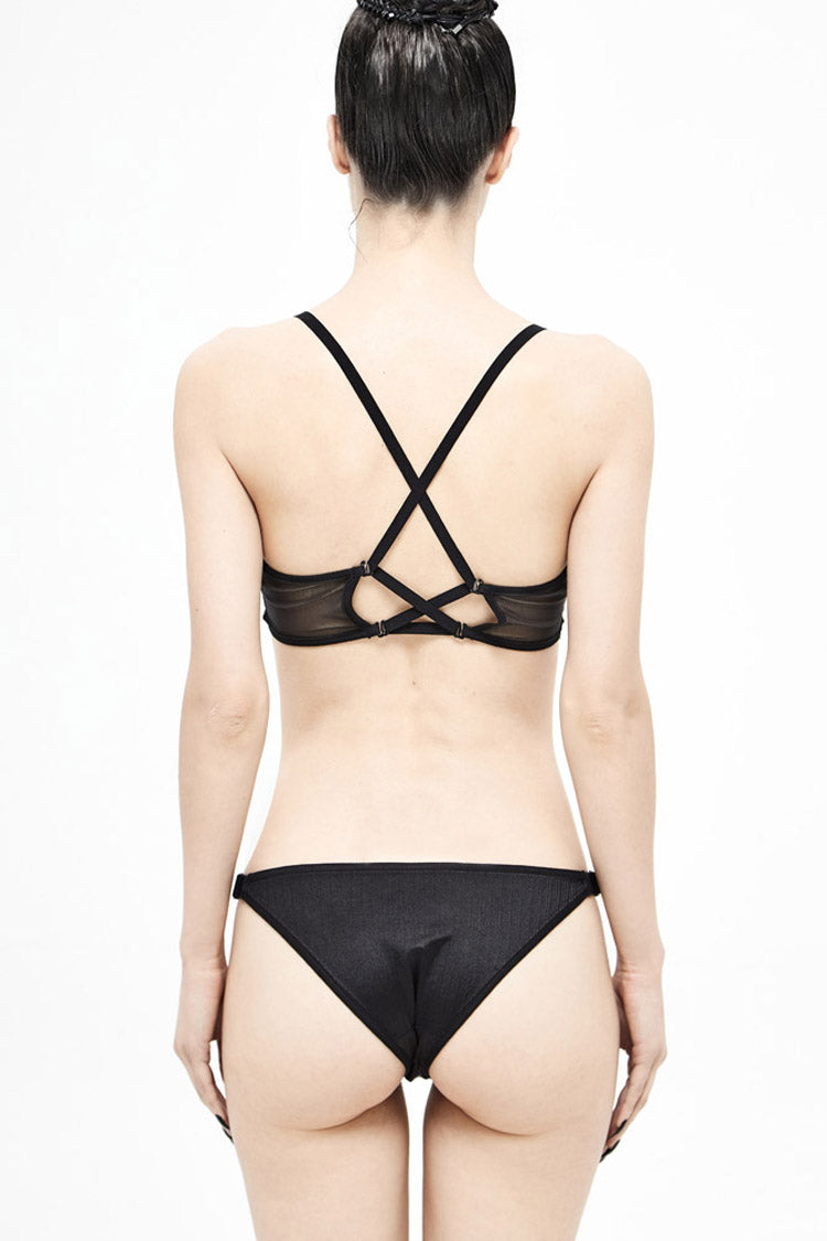 Black Splice Mesh Lace-Up Vertical Striped Bat-Shaped Women's Punk Swimsuit