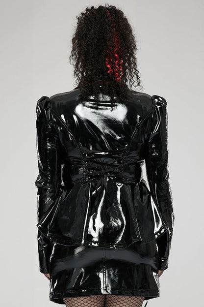 Black/Red Patent Leather Lapel Pleated Slim Fit Faux Leather Long Sleeve Punk Women's Jacket