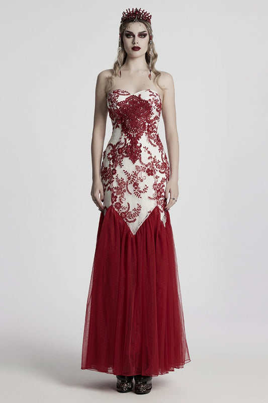 Red Off Shoulder Embroidery Lace Slim Women's Gothic Gown Fishtail Dress