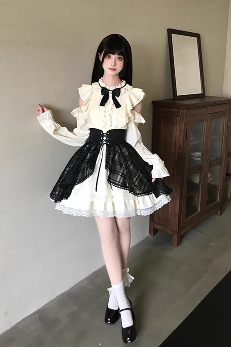 Black/Beige [Dark Chocolate Champagne] Stand Collar Off Shoulder Long Sleeves Double-Layered Ruffled Sweet Japanese Lolita Dress