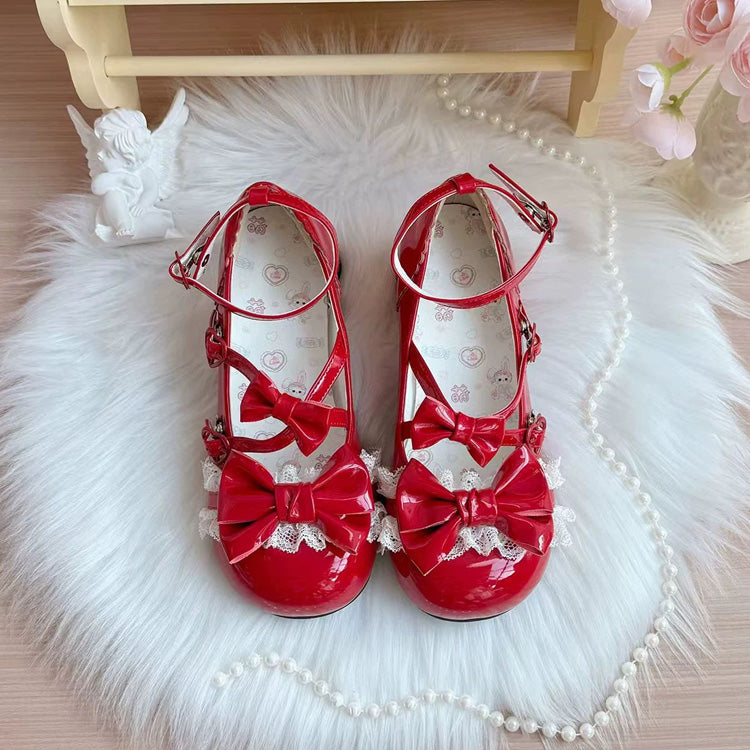 Bowknot Cross Bandage Kitten Shaped Special Heel Mid-Heel Shoes 5 Colors