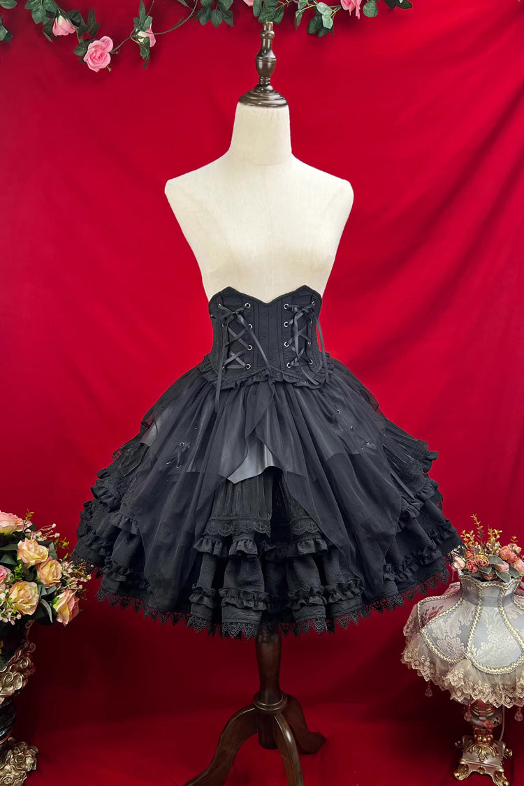 Black [The Angel of Good and Evil] Multi-Layered Ruffled Lace Gothic Elegant Lolita Skirt (Corset Belt Included)