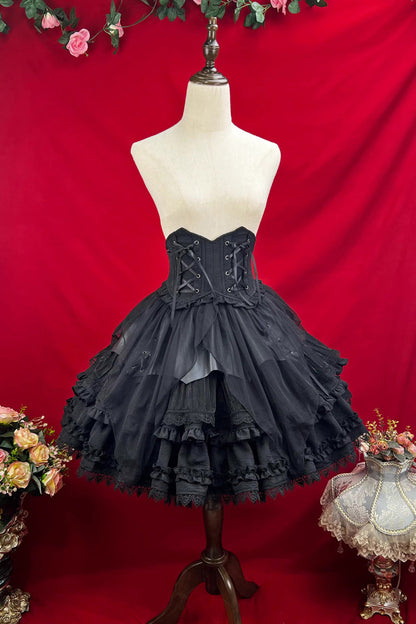 Black [The Angel of Good and Evil] Multi-Layered Ruffled Lace Gothic Elegant Lolita Skirt (Corset Belt Included)