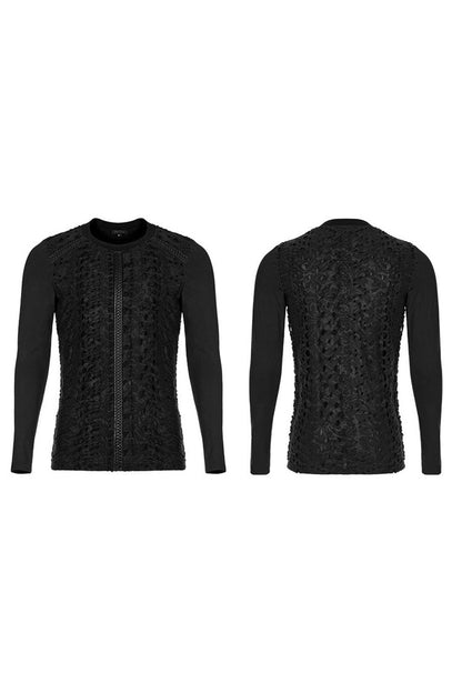 Black Punk Knitted Print Splicing Concave And Convex Webbing Decoration Long Sleeve Men's T-Shirt