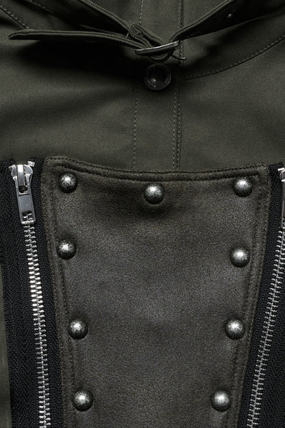 Green Stand Collar Long Sleeves Stitching Faux Leather Women's Gothic Military Jacket