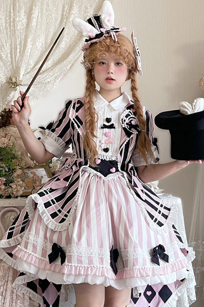 Black/Pink Short Sleeves Weird Theater Print Ruffle Bowknot Sweet Lolita Dress