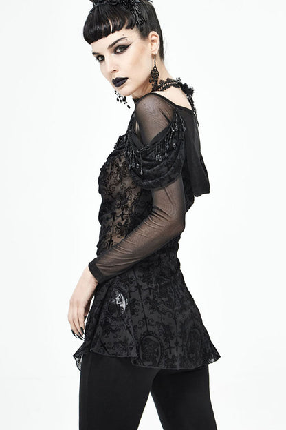 lack Gothic Off-Shoulder Front Chest Decals Bead Sleeve Beaded Tassel Webbing Flocking Print Women's Shirt