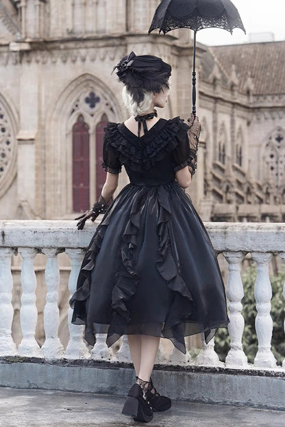 Black V-Neck Lace Cla Daily Short Puff Sleeves Gothic Lolita Dress
