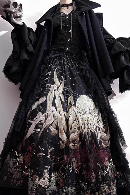 Black [Reborn Ancient God] Long Hime Sleeves Print Lace Gothic Lolita Skirt Dress Set