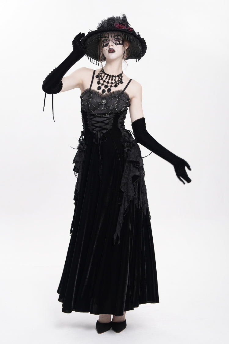 Black Sleeveless Ruffle Lace-Up Plumed Women's Gothic Long Slip Dress