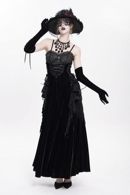Black Sleeveless Ruffle Lace-Up Plumed Women's Gothic Long Slip Dress