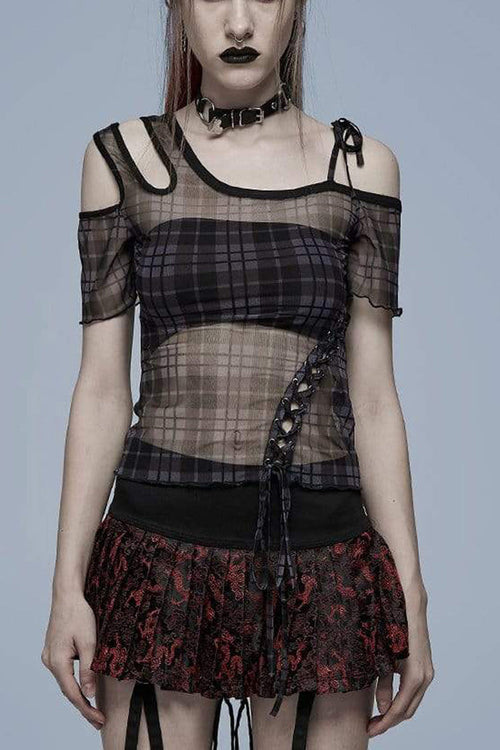 Asymmetrical Cutout Neckline Strap Design Plaid Mesh Women's Punk T-Shirt